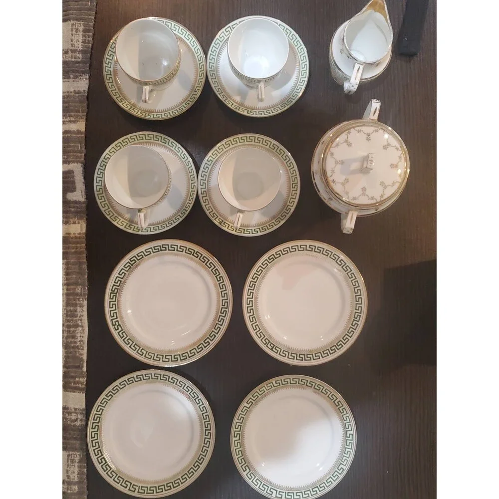 Antique Czech Austria 14 Piece Greek Key Cups Plates Creamer Sugar Porcelain
